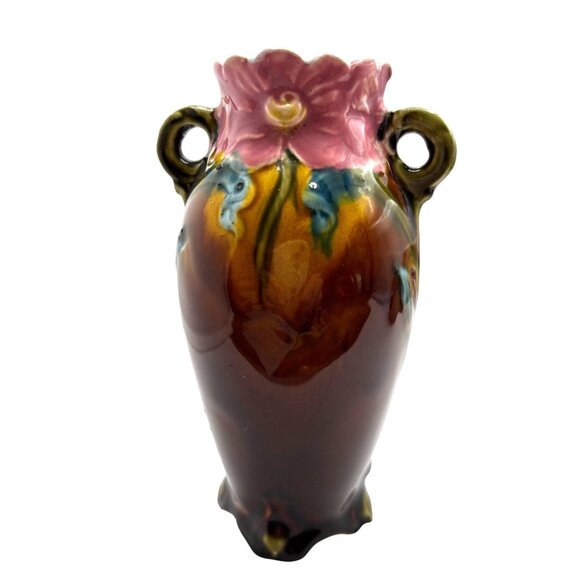 Antique French Art Nouveau Majolica Vase Floral Motif Vivid Colors (READ) - Picture 1 of 12